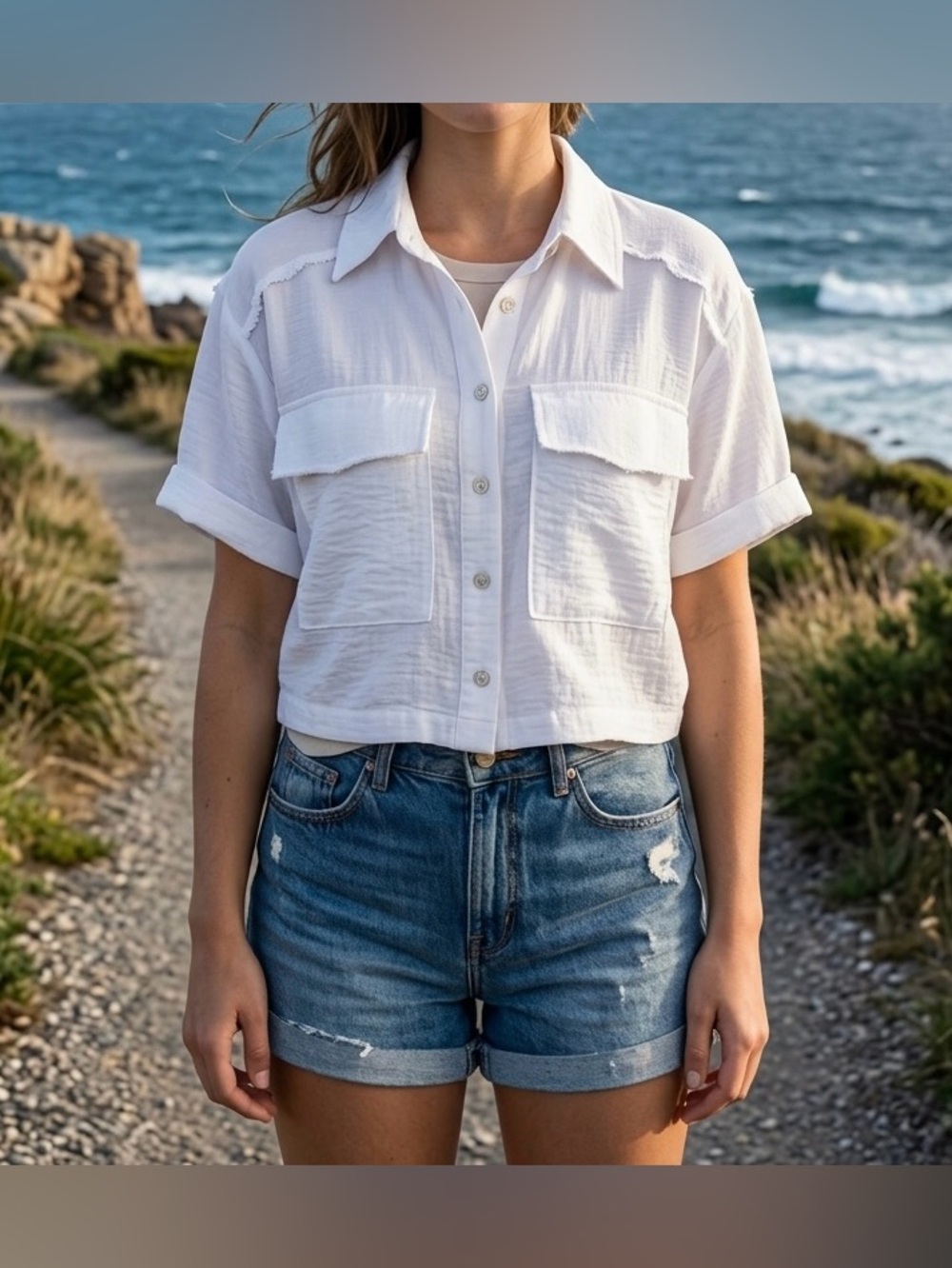 Discreet NYC Cropped Utility Button Down Shirt White Small